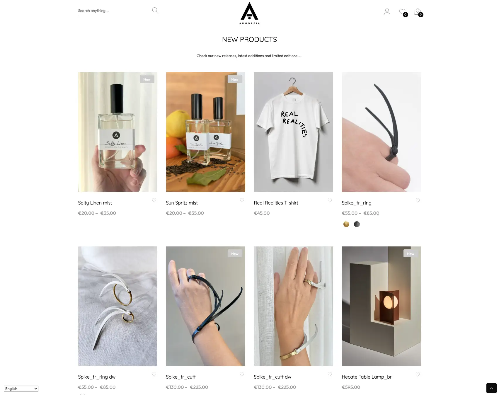 Aumorfia online store — minimal product grid of jewelry, fragrances and objects